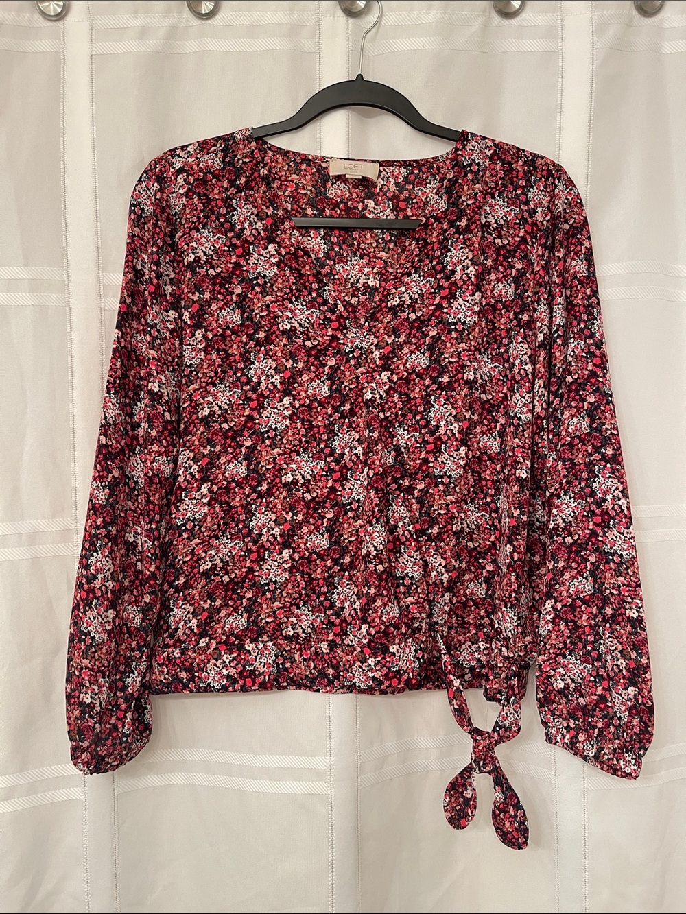 LOFT Pink and Black Floral Tie-Hem Blouse